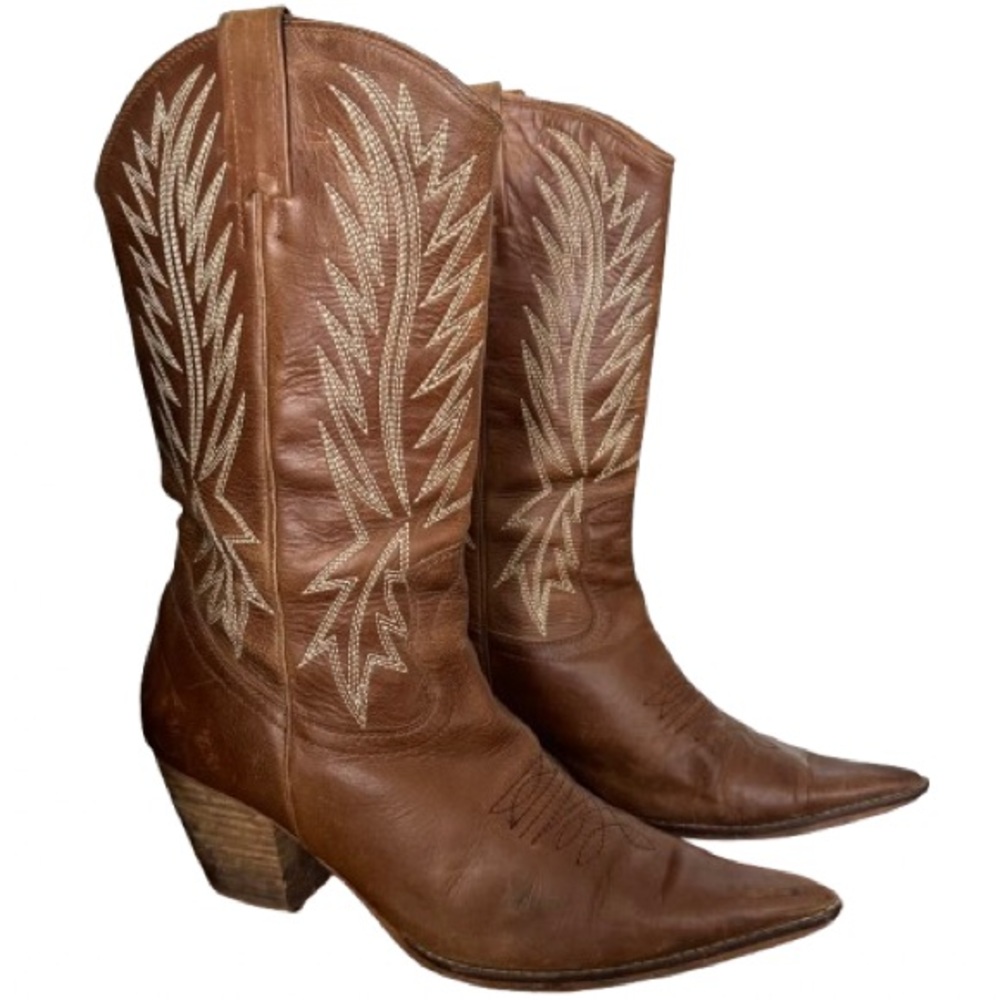 Penny Loves Kenny Pilgrim Western Boots Brown Leather Cowgirl Embroidered